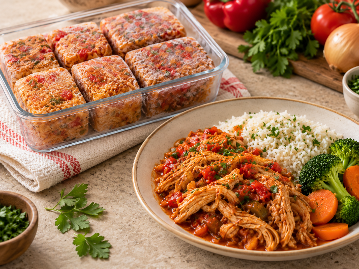 Pollo y Carnes: bloques congelados y plato terminado de Pollo Desmenuzado en Salsa