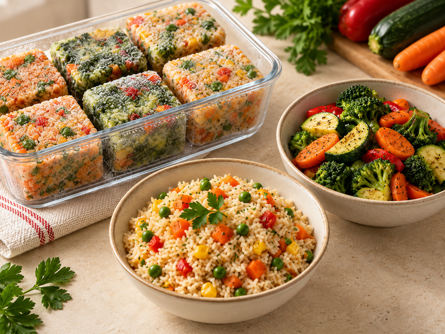 Vegetales y Acompañamientos: bloques congelados y plato terminado de Arroz con Vegetales