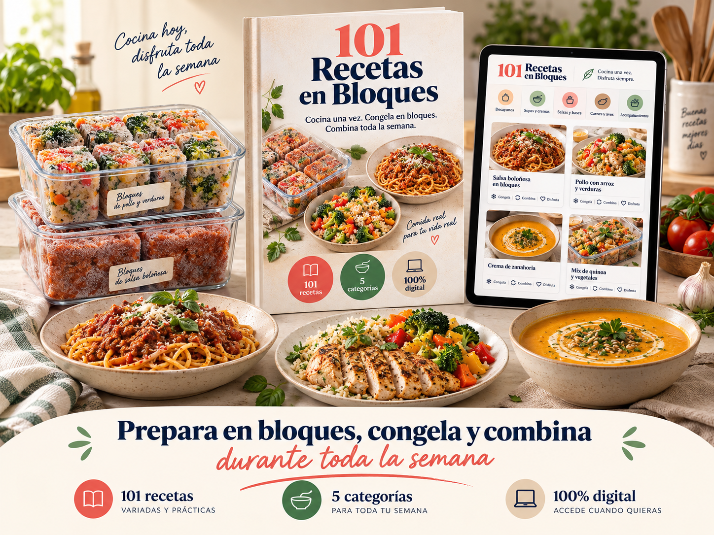Mockup del producto 101 Recetas en Bloques con libro, tablet y comidas preparadas en porciones congeladas
