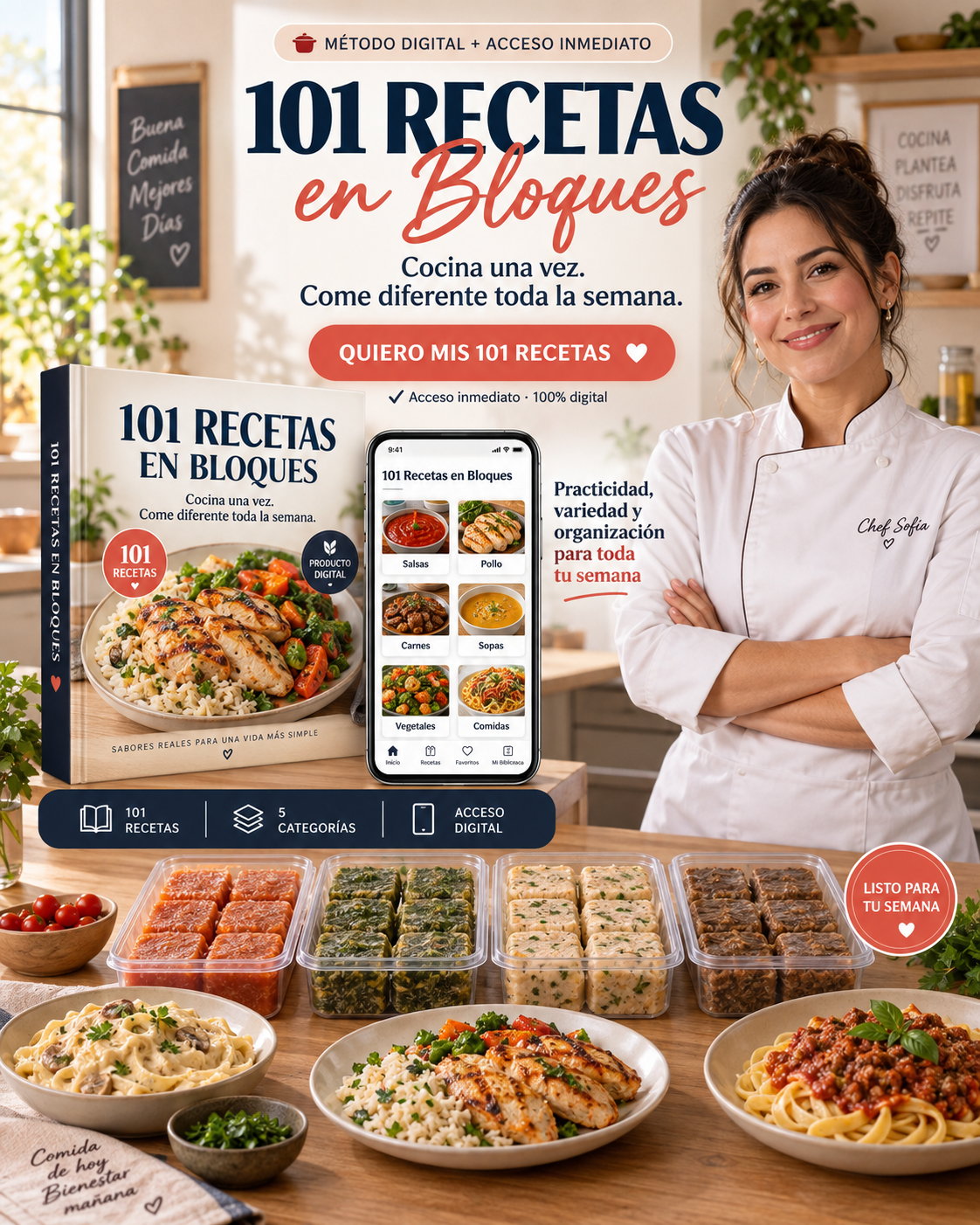Libro digital 101 Recetas en Bloques con mockup de celular, chef y porciones congeladas listas para la semana