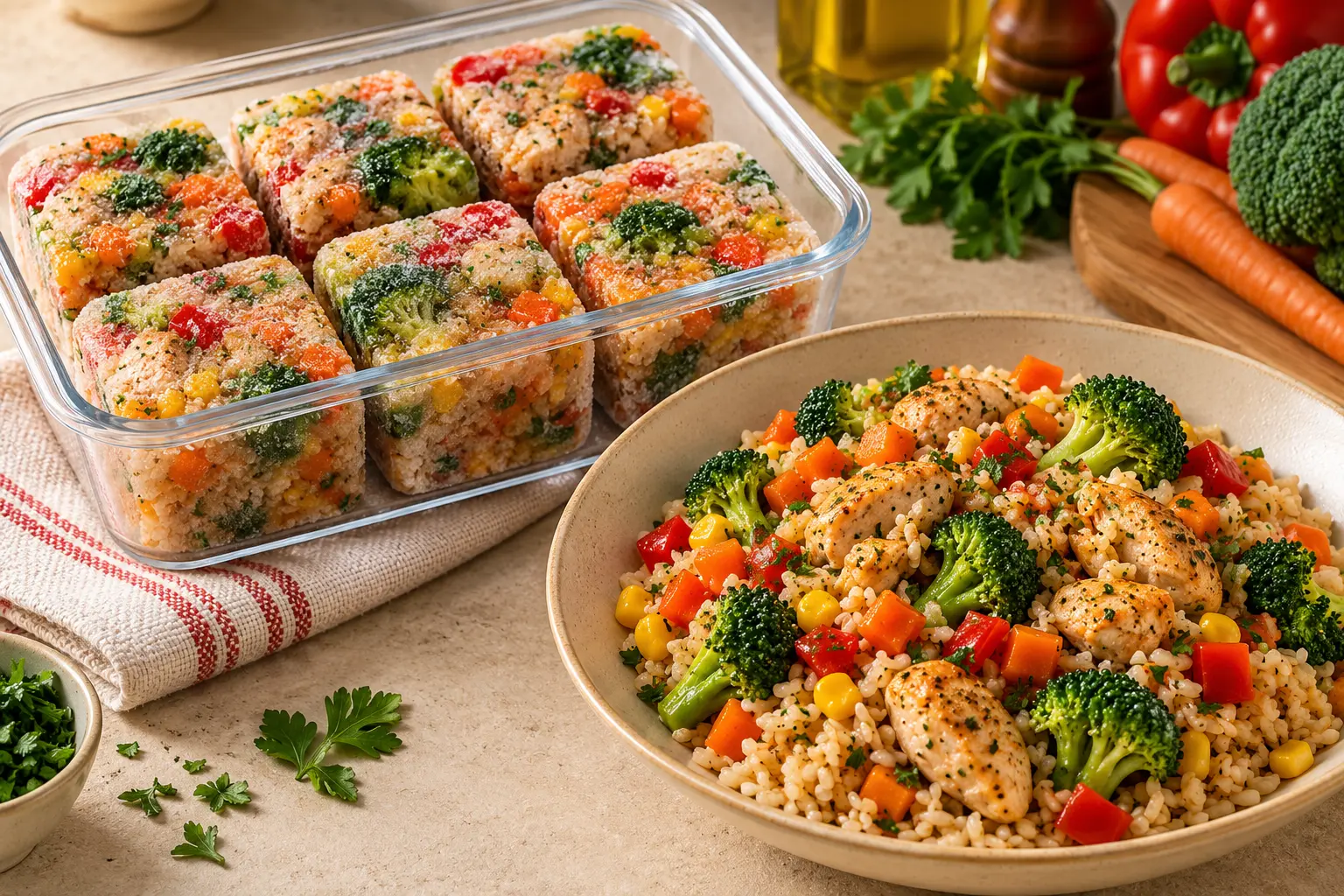 Comidas Completas: bloques congelados y plato terminado de Pollo con Arroz y Vegetales