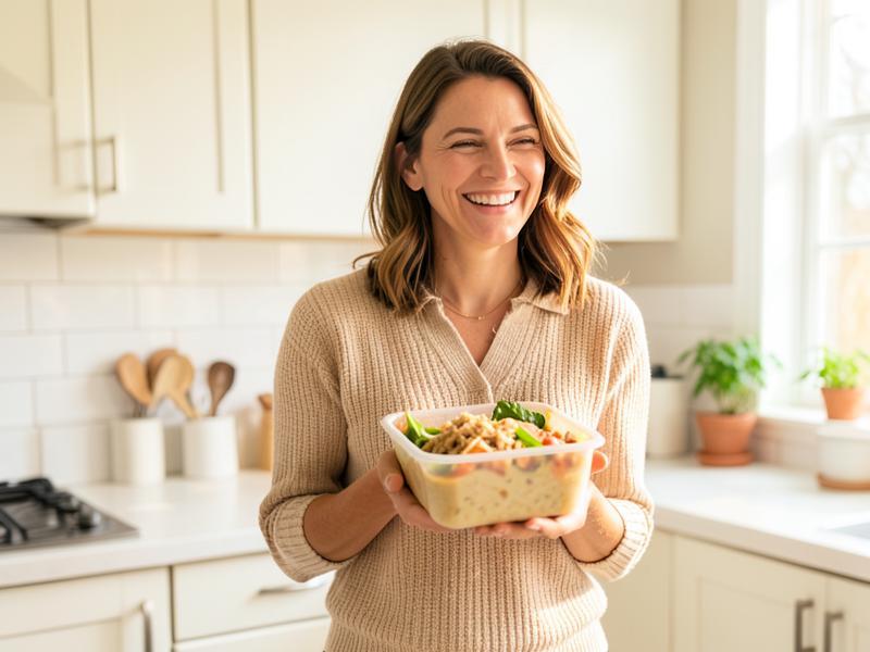 Mujer sonriente en una cocina ordenada sosteniendo una porción de comida preparada